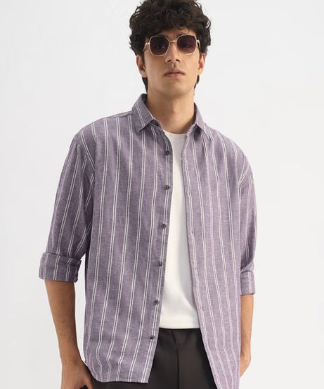 Stripes Berry Plum Cotton Linen Shirts