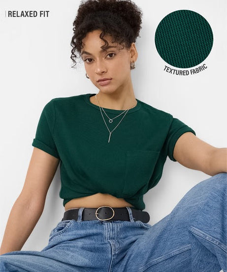 Textured Lush Green Women Relaxed Fit T-Shirts