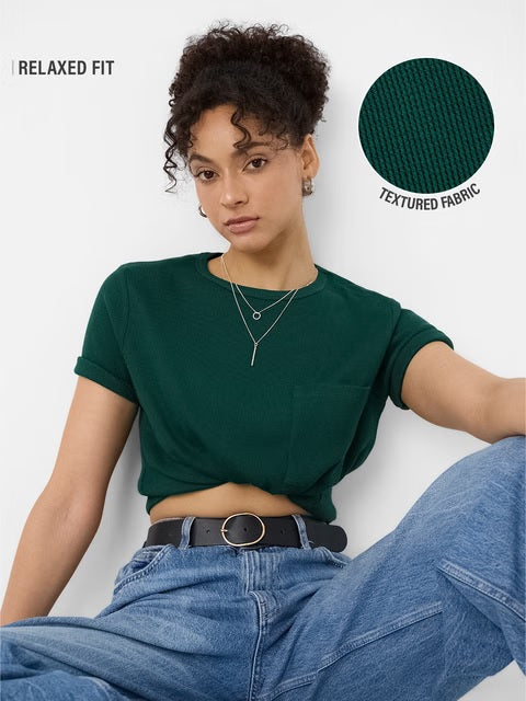 Textured Lush Green Women Relaxed Fit T-Shirts