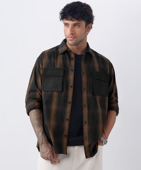 Plaid Black & Brown Men Utility Shirts