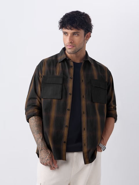 Plaid Black & Brown Men Utility Shirts