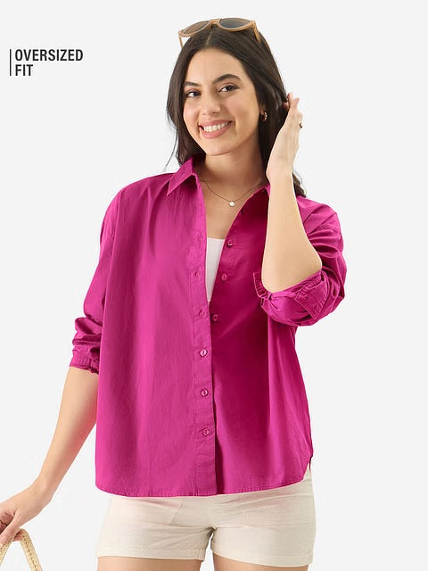 Solids Hot Pink Women Boyfriend Shirts