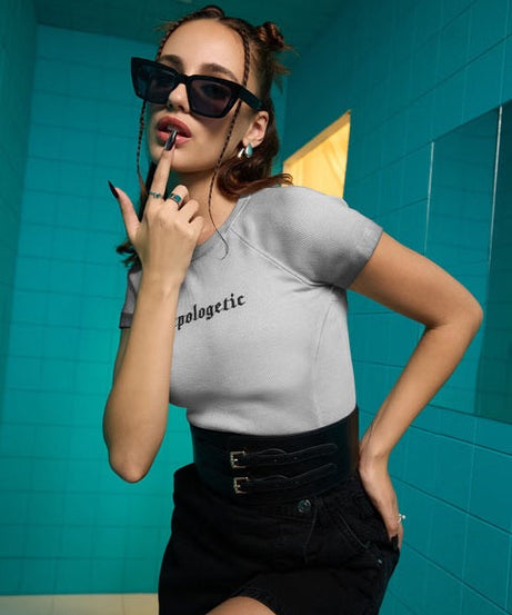 Ribbed Acid Wash Tee Grey Women T-Shirts