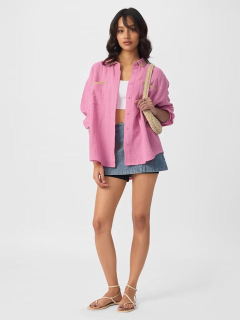 Textured Flamingo Pink Women Boyfriend Shirts