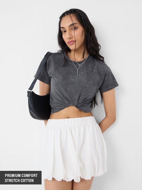 Solids Charcoal Grey Women T-Shirts