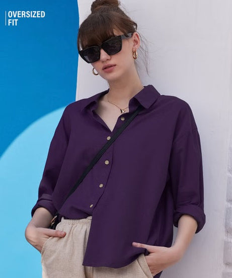 Cotton Linen Royal Purple Women Boyfriend Shirts
