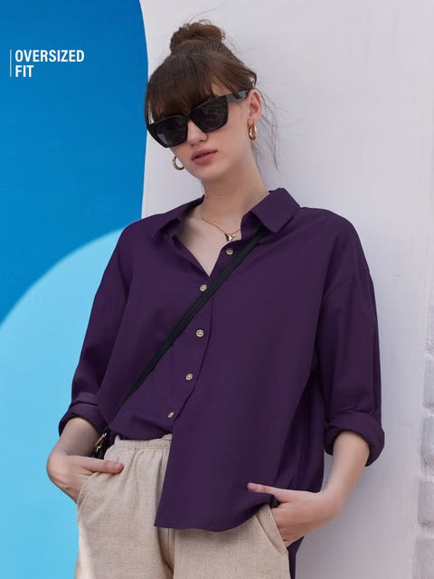 Cotton Linen Royal Purple Women Boyfriend Shirts