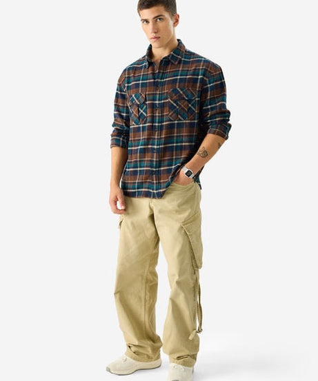 Plaid Brown And Navy Men Utility Shirts