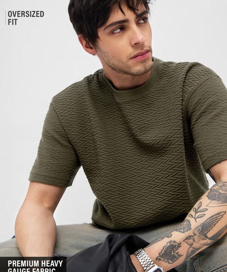 Textured Olive Oversized T-Shirts