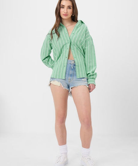 Cotton Linen Stripes Celadon Women Boyfriend Shirts