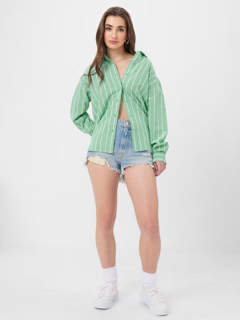 Cotton Linen Stripes Celadon Women Boyfriend Shirts