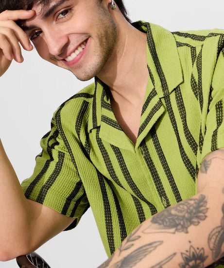Stripes Lime Men Textured Shirts