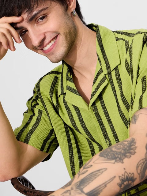 Stripes Lime Men Textured Shirts