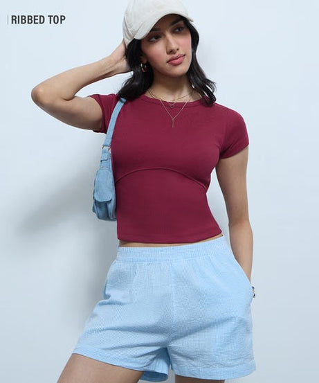 Ribbed Top Raspberry Women T-Shirts