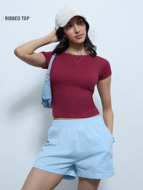 Ribbed Top Raspberry Women T-Shirts