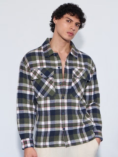 Plaid Olive Men Textured Shirts