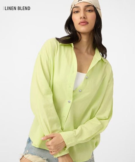 Cotton Linen Lime Women Boyfriend Shirts