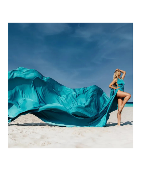 Turquoise Long Train Dress Flying Dress For Photoshoot Asymmetrical Flying Dress