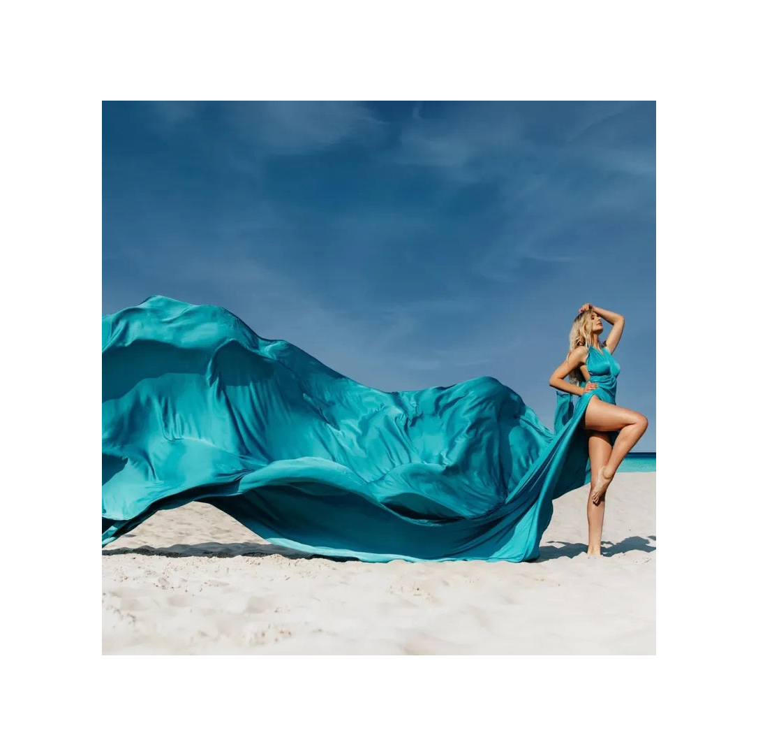 Turquoise Long Train Dress Flying Dress For Photoshoot Asymmetrical Flying Dress
