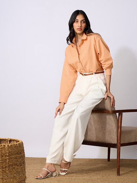 Cotton Linen Apricot Women Boyfriend Shirts