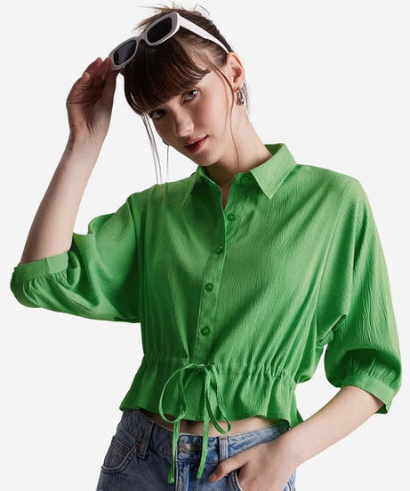 Textured Top Groovy Green Women Cropped Shirts