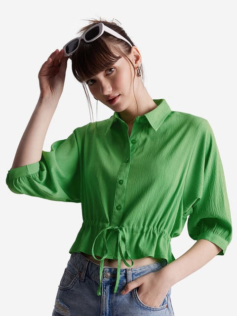 Textured Top Groovy Green Women Cropped Shirts