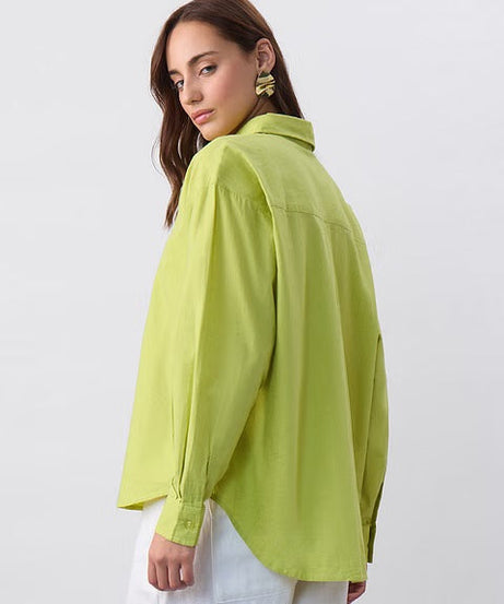 Cotton Linen Canary Green Women Boyfriend Shirts