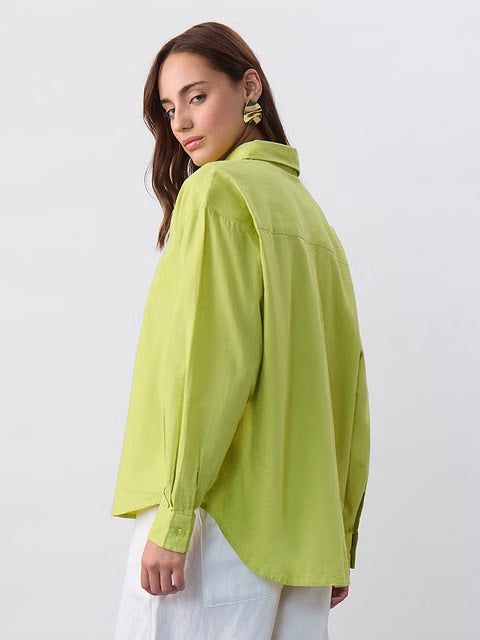 Cotton Linen Canary Green Women Boyfriend Shirts