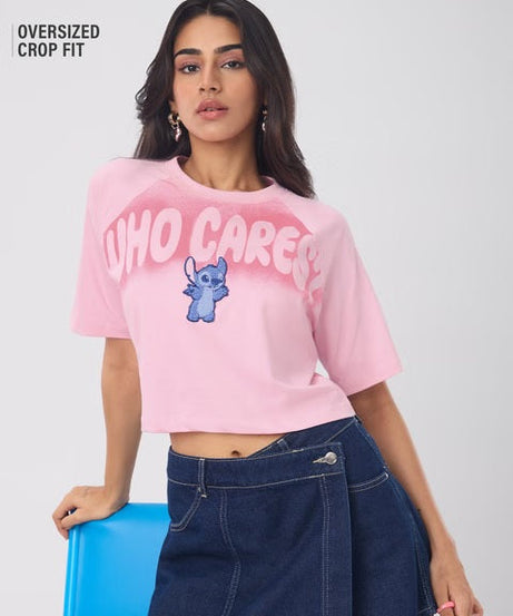 Lilo & Stitch Who Cares Women Oversized Cropped T-Shirts
