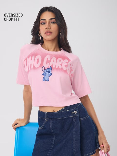 Lilo & Stitch Who Cares Women Oversized Cropped T-Shirts