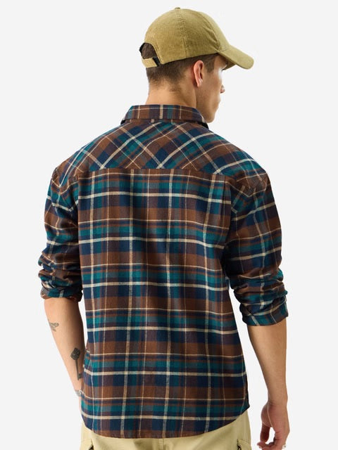Plaid Brown And Navy Men Utility Shirts