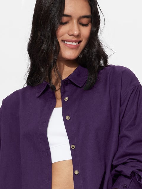 Cotton Linen Royal Purple Women Boyfriend Shirts