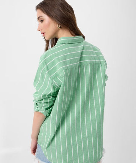 Cotton Linen Stripes Celadon Women Boyfriend Shirts