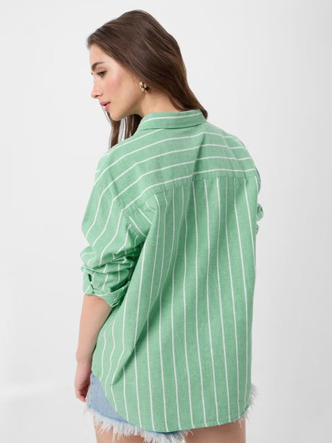 Cotton Linen Stripes Celadon Women Boyfriend Shirts