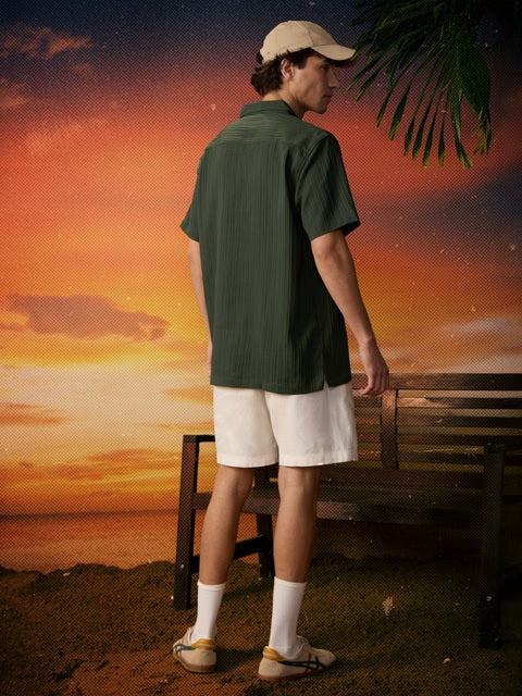 Solids Forest Green Men Textured Shirts