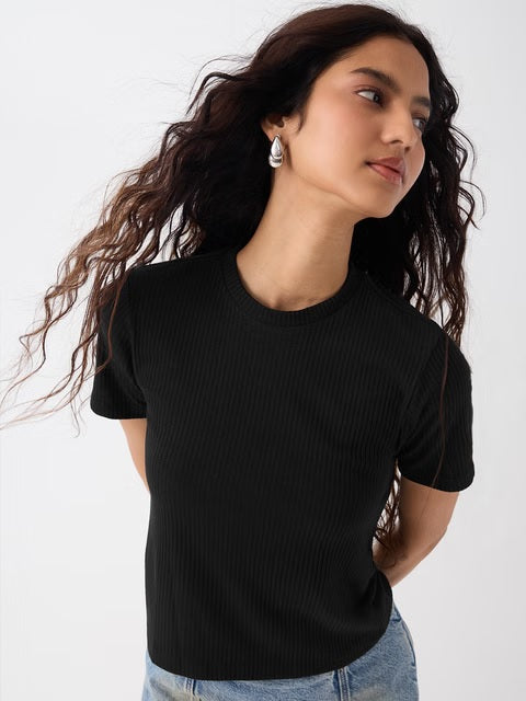 Ribbed  Black Women T-Shirts