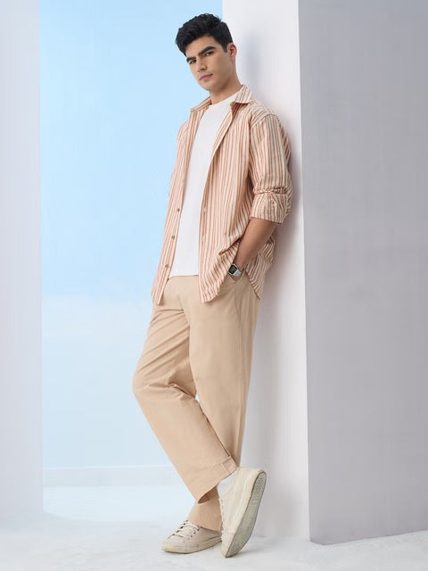 Stripes Apricot Cotton Linen Shirts