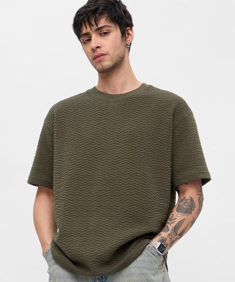 Textured Olive Oversized T-Shirts