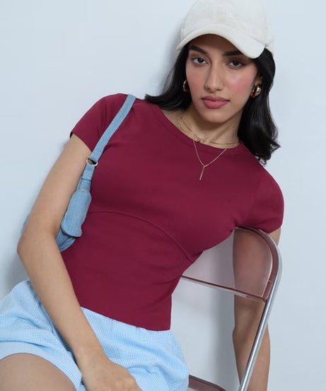 Ribbed Top Raspberry Women T-Shirts