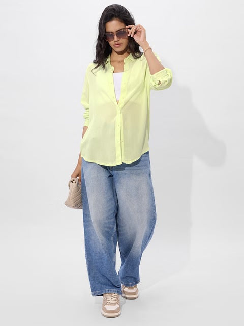 Textured Light Lime Women Boyfriend Shirts