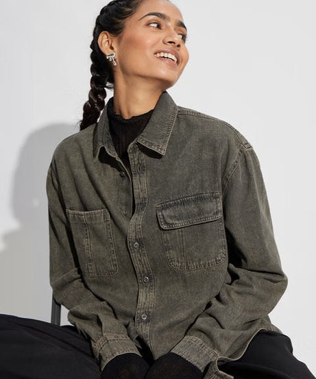 Classic Denim Forest Green Women Boyfriend Shirts