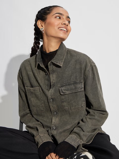 Classic Denim Forest Green Women Boyfriend Shirts