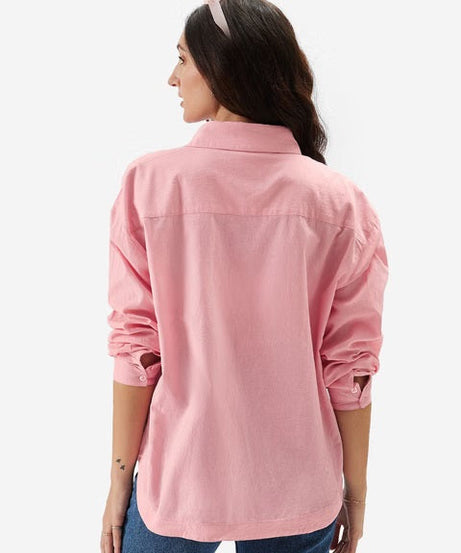 Cotton Linen Pink Women Boyfriend Shirts