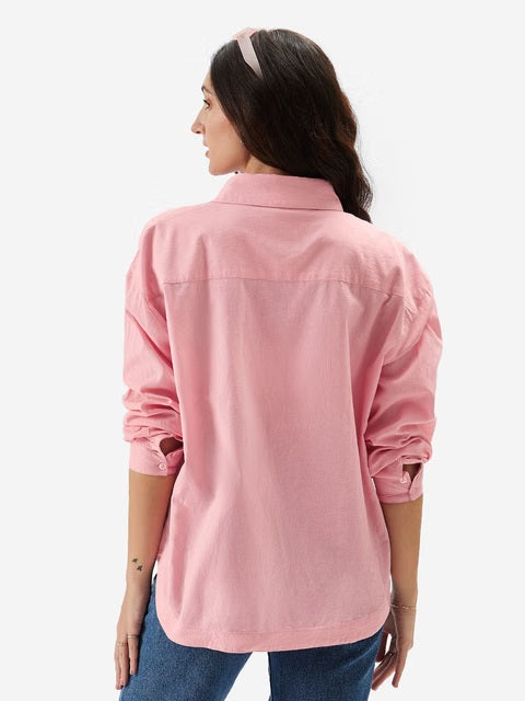 Cotton Linen Pink Women Boyfriend Shirts