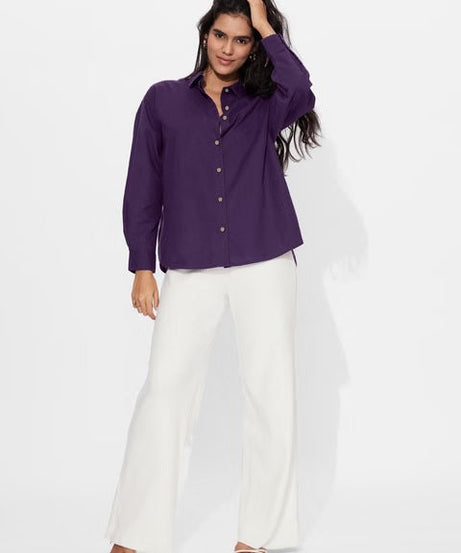 Cotton Linen Royal Purple Women Boyfriend Shirts
