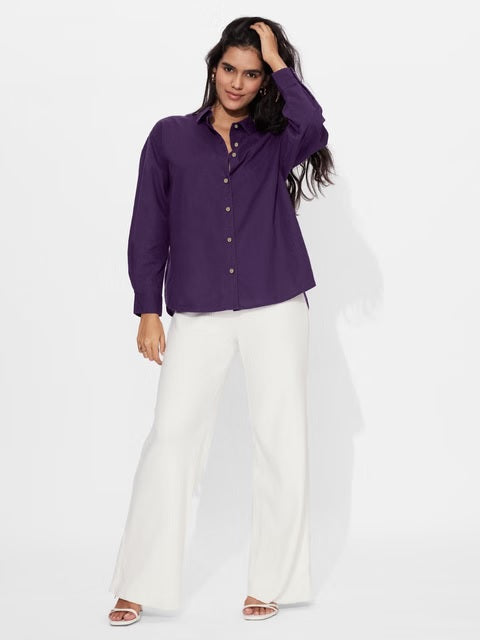 Cotton Linen Royal Purple Women Boyfriend Shirts