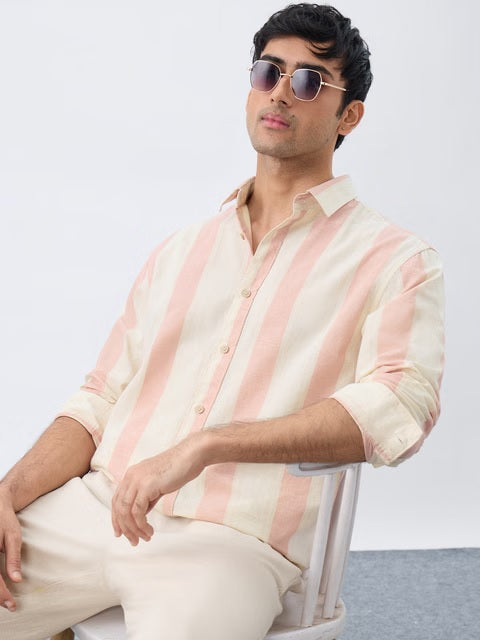 Stripes Coral Cotton Linen Shirts