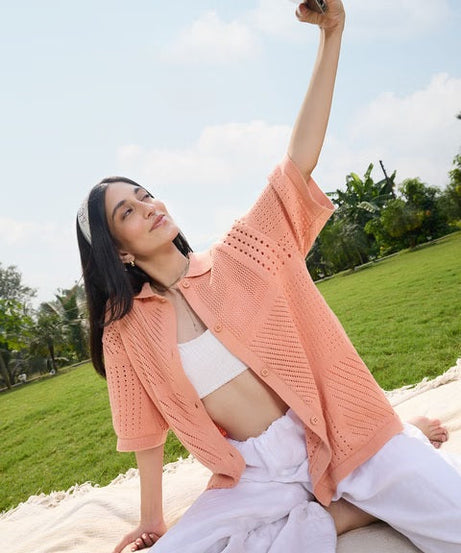 Open Knit Peach Women Boyfriend Shirts