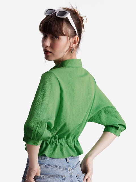 Textured Top Groovy Green Women Cropped Shirts