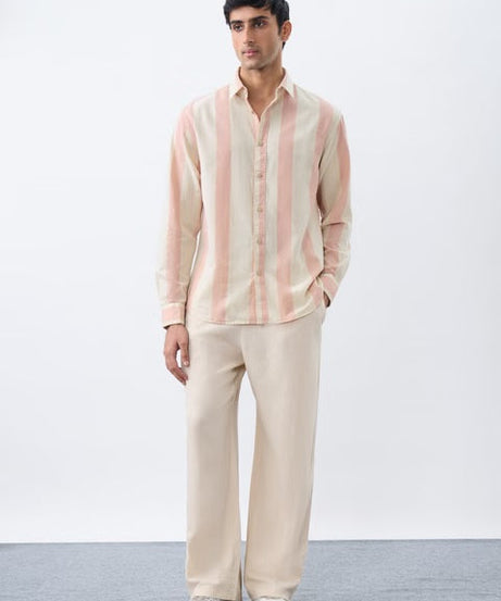 Stripes Coral Cotton Linen Shirts